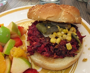 Bragg's vegan Beet on the Brat burger